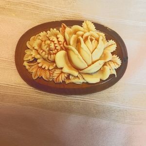 Vintage 1940's Wooden and Carved Celluloid Brooch